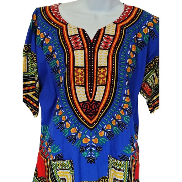 Dashiki African Print Short Sleeve Tunic Blouse Top Pockets Ethnic Boho Hippie S - Picture 3 of 6
